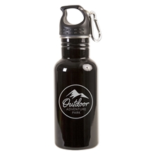 aerial view a black prime line 17oz stainless steel adventure water bottle with carabiner, image 1 of 2