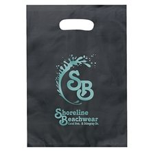 aerial view a black frosted plastic flexo ink multi color die cut aster handle bag, image 1 of 2