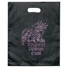 aerial view a black orchid colored frosted die - cut convention bag 15 x 12, image 1 of 2