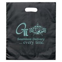 aerial view a black rose frosted plastic flexo ink die cut tote bag - 15 x 18, image 1 of 2