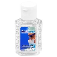 aerial view a clear 1.0 oz compact antibacterial hand sanitizer bottle, image 1 of 4