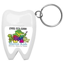 aerial view a white tooth shaped custom dental floss dispenser w / keyring - bulk, image 1 of 3