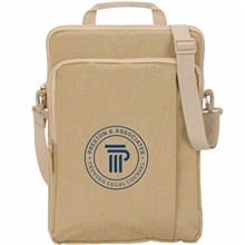 aerial view a tan vertical recycled messenger bag, image 1 of 6