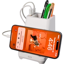 aerial view a group of desk mate organizer with bluetooth speaker and charging hub, image 1 of 3