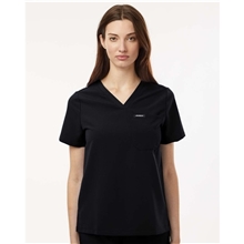 aerial view a black jaanuu - womens rhena essential 1- pocket scrub v - neck top, image 1 of 6