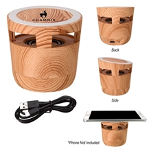 a group of woodgrain wireless charging pad and speaker 2.0