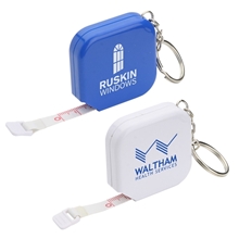 aerial view a group of square 5- foot tape measure with key chain, image 1 of 2