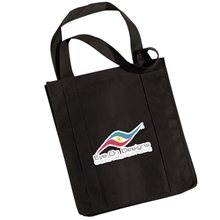 aerial view a black non - woven tote bag w / reinforced handles - full color, image 1 of 2