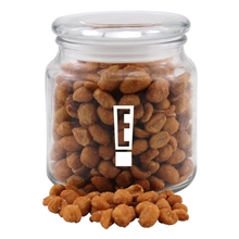 a clear glass jar jar with honey roasted peanuts