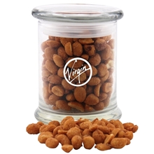 a clear jar with honey roasted peanuts