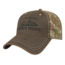 aerial view a brown/realtree ap™ faux leathered poly / cotton camo cap, image 1 of 4