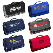 aerial view a group of plaid barrel fleece picnic blanket, image 1 of 2