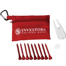 aerial view a group of full color deluxe golf kit in zippered pouch, image 1 of 2