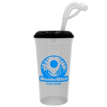 a frost cup & black lid 32 oz super size stadium cup with lid and straw