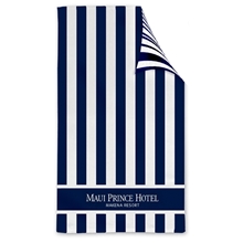 aerial view a navy blue double sided cabana stripe beach towel, image 1 of 2