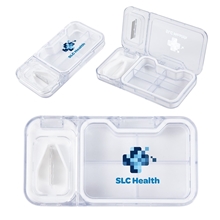 aerial view a white cache 4- compartment pill box with tablet cutter, image 1 of 4