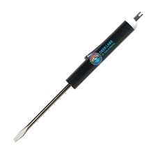 aerial view a black pocket screwdriver - 1/8 flat tip blade w / valve stem top, image 1 of 2