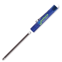 aerial view a translucent blue pocket screwdriver - rev 1/8 flat tip 0 phillips blade w / button top, image 1 of 2