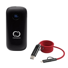 aerial view a group of 10, 000 mah power bank quick charging cable kit, image 1 of 2