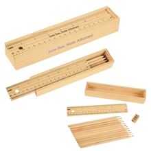 a group of 12- piece colored pencil set in wooden ruler box
