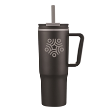 aerial view a black 30 oz double wall plastic travel mug with handle straw, image 1 of 2