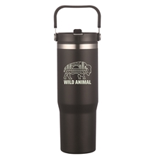 aerial view a black 30 oz double wall tumbler with carrier, stainless steel outer, plastic inner, image 1 of 3