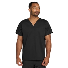 aerial view a black wink unisex workflex chest pocket v - neck top, image 1 of 5