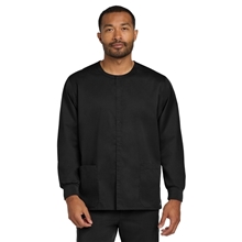 aerial view a black wink unisex workflex snap front scrub jacket, image 1 of 5