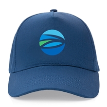 aerial view a navy impact 5 panel 280gr recycled cotton cap with aware(tm), image 1 of 8