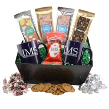 a group of tray with mugs and choc chip cookies