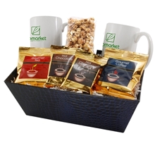 a group of tray w / mugs and caramel popcorn