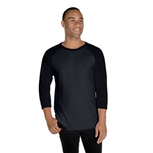 aerial view a black ink heather/ black ink jerzees unisex three - quarter sleeve raglan t - shirt, image 1 of 3