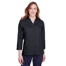 aerial view a black devon jones ladies crown collection(r) stretch broadcloth three - quarter sleeve blouse, image 1 of 6