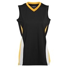 aerial view a black/ gold/ white augusta sportswear ladies tornado jersey, image 1 of 2