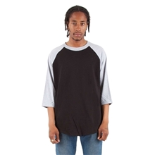 aerial view a black/ heather grey shaka wear - three - quarter sleeve raglan t - shirt, image 1 of 3