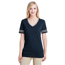 a group of jerzees ladies tri - blend varsity v - neck t - shirt