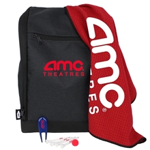 aerial view a group of par - kicks shoe bag with a 100 rpet golf towel, divot tool, ball marker, and (4) 2-3/4 wooden golf tees, image 1 of 2