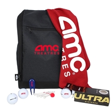 aerial view a group of par - kicks shoe bag, 100 rpet 15x18 waffle towel, divot tool, ball marker, (4) 2-3/4 wooden golf tees and a sleeve of wilson ultra golf balls, image 1 of 2