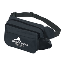 aerial view a black with black trim happy travels deluxe fanny pack, image 1 of 2