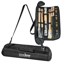 aerial view a black adjustable shoulder strap barbeque (bbq) set, image 1 of 4
