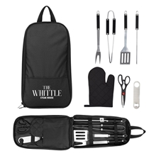 aerial view a black 7- piece pit master bbq set in carrying case, image 1 of 2