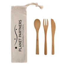 aerial view a natural 3 piece bamboo utensil set in travel pouch, image 1 of 4