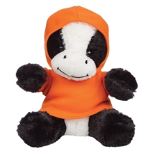 a black and white 6 cuddly cow with hoodie