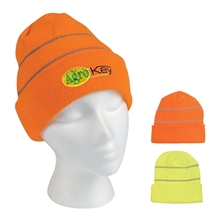 a group of knit cuff beanie with reflective stripes