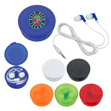 a group of earbuds in round plastic case