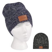 a group of knit beanie with leatherette patch