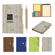 a group of woodgrain look notebook with sticky notes and flags