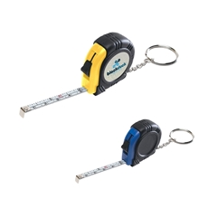 a group of rubber keychain tape measure with laminated label