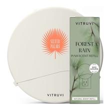 aerial view a white vitruvi plug - in wall diffuser bundle with forest rain scent refill, image 1 of 7