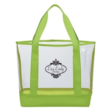 aerial view a clear with lime green trim clear casual tote bag, image 1 of 2